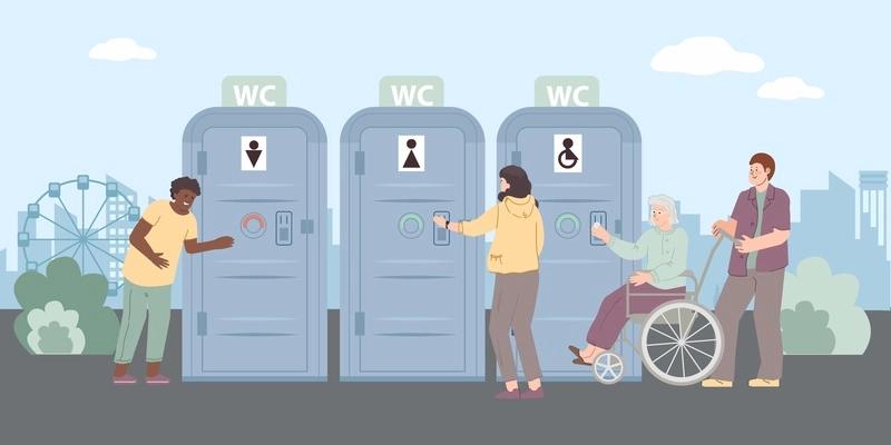 Public toilet in city park zone with street cabins for men women and disabled people flat background vector illustration