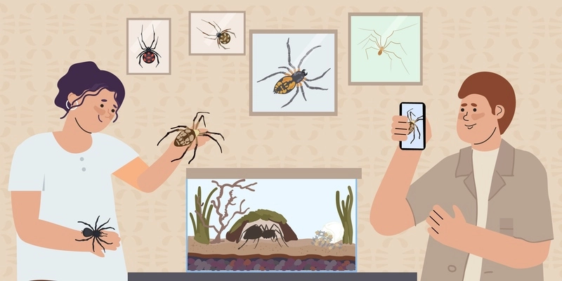 Spider insect flat composition with indoor view of man and woman discovering bugs with reptile house vector illustration