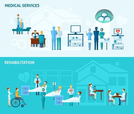 Doctors horizontal banner set with medical service and rehabilitation elements isolated vector illustration