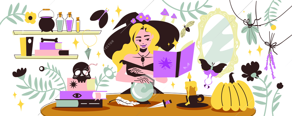 Young witch practising witchcraft with crystal ball in room with various magical tools flat vector illustration