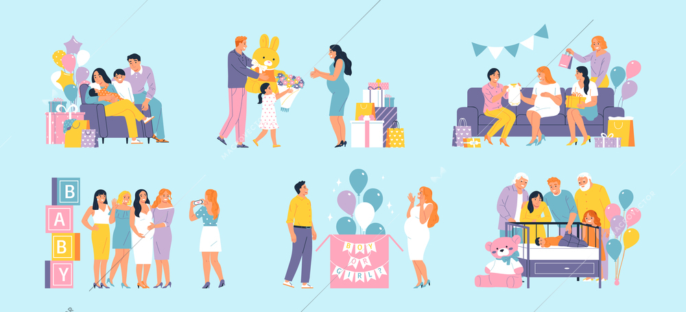 Baby shower party with happy parents and guests flat set isolated on color background vector illustration