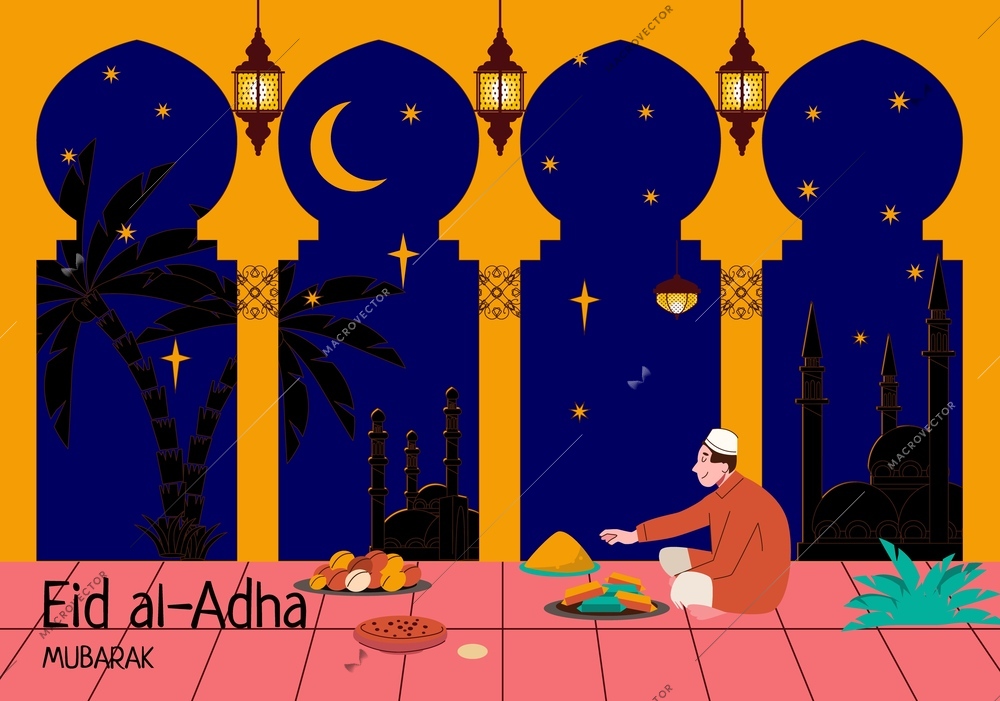 Muslim holidays flat composition with ornate windows nocturnal sky with stars and man eating traditional food vector illustration