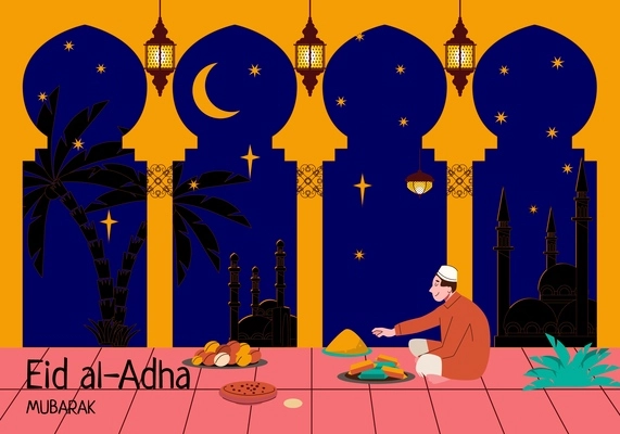 Muslim holidays flat composition with ornate windows nocturnal sky with stars and man eating traditional food vector illustration