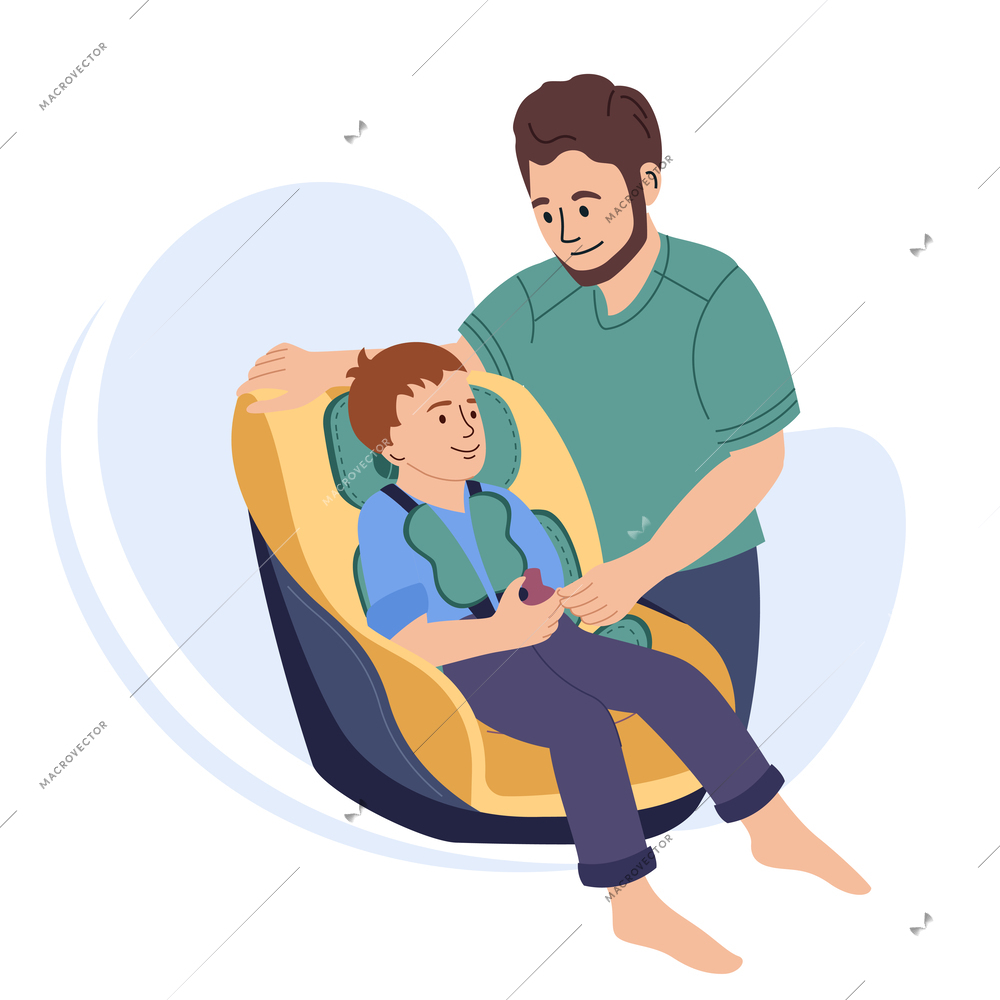 Children car seat flat composition with isolated view of father fastening sons belts on blank background vector illustration