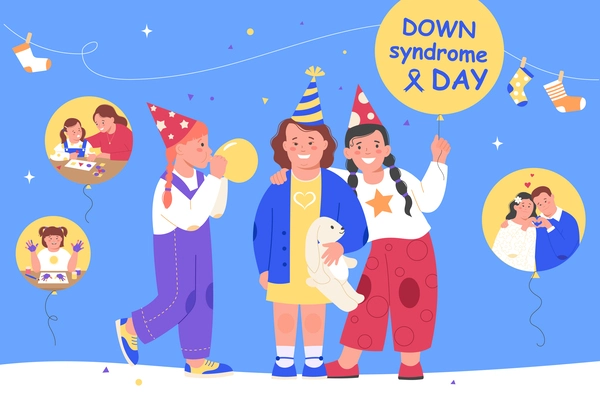 Downs syndrome flat colored concept children celebrate down day with balloons and confetti vector illustration