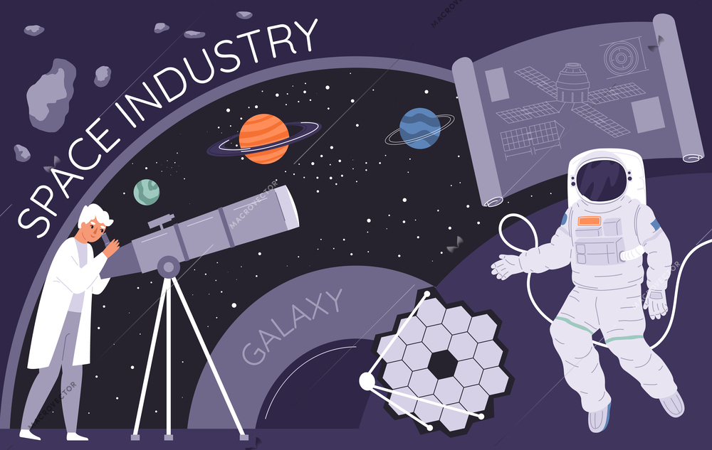 Space industry flat collage with astronaut in spacesuit and scientist observing planets through telescope vector illustration