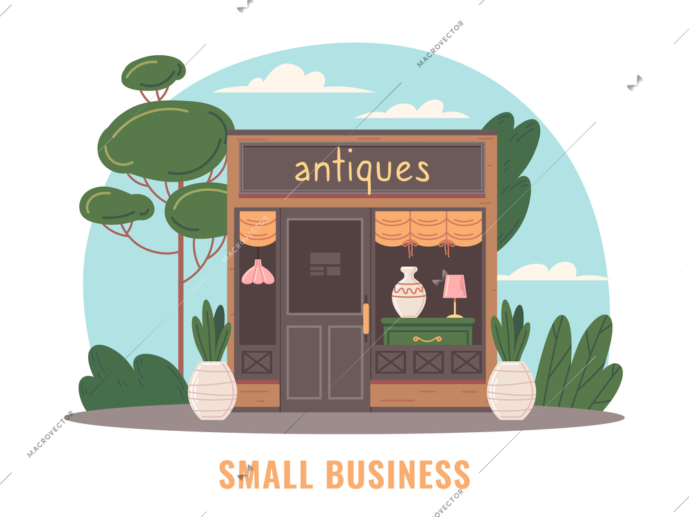 Small business concept with facade of antiques shop in flat style vector illustration