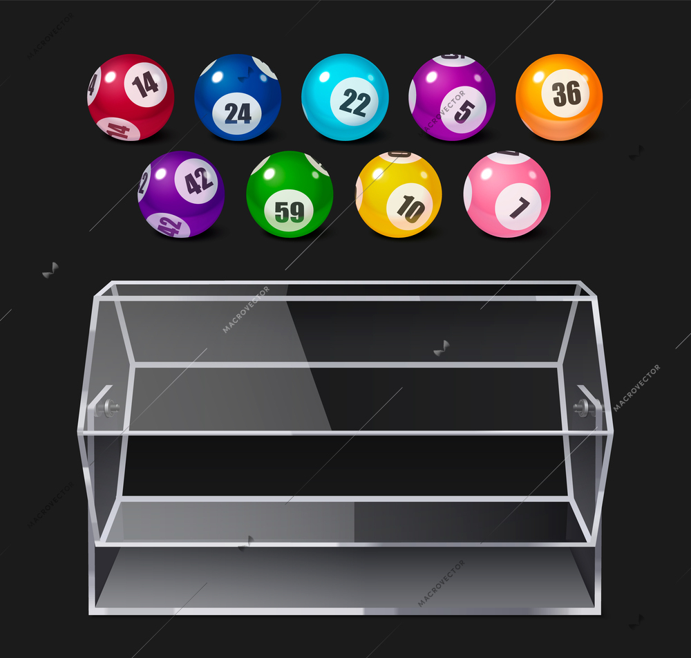 Bingo realistic composition with colorful balls with numbers and plastic lottery drum on black background isolated vector illustration