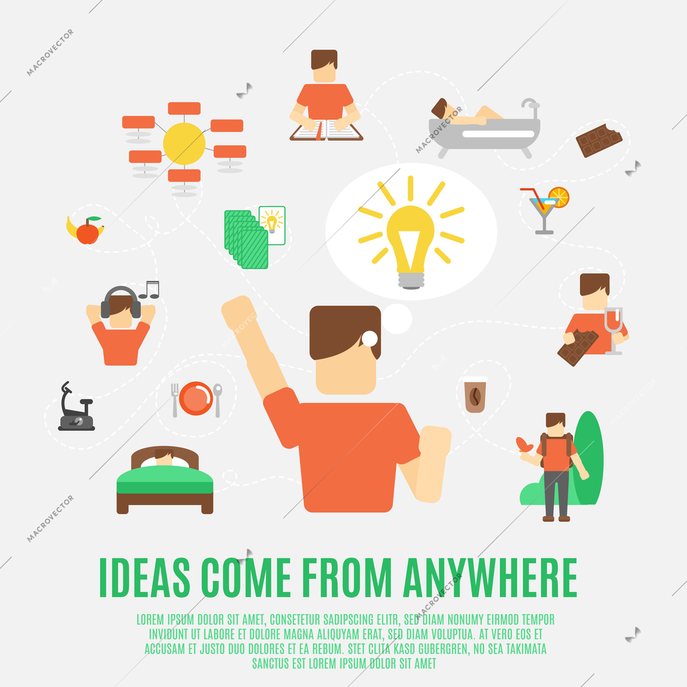 Ideas generating creativity and inspiration concept with flat male figure vector illustration