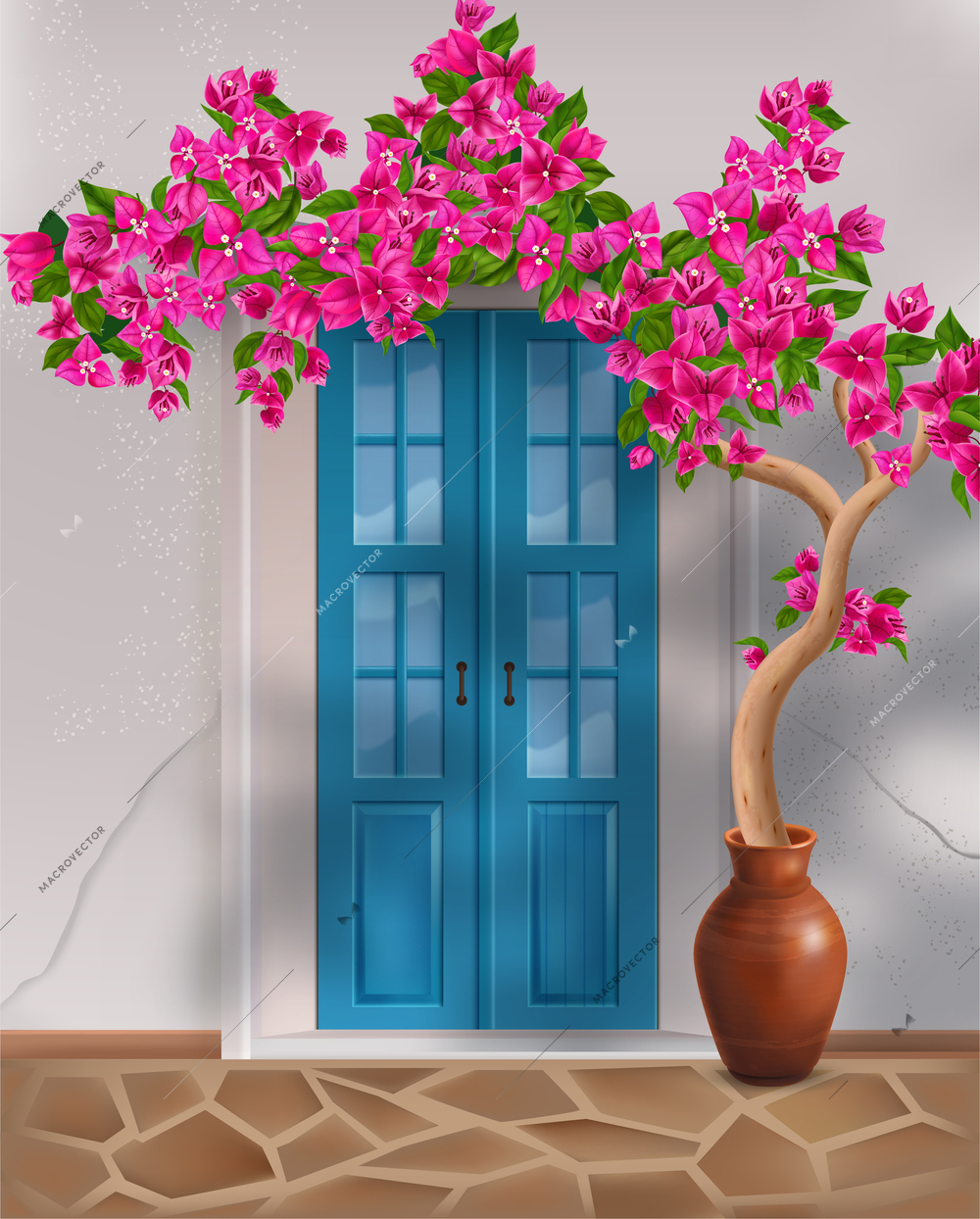 Bougainvillea tree growing in clay pot next to front door of house realistic composition vector illustration