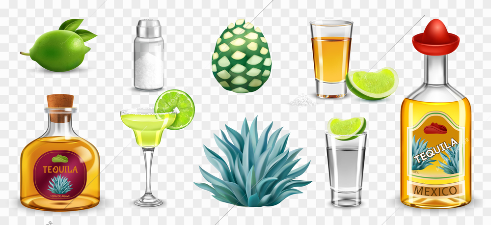 Tequila as national drink realistic icons set isolated at transparent background colored vector illustration