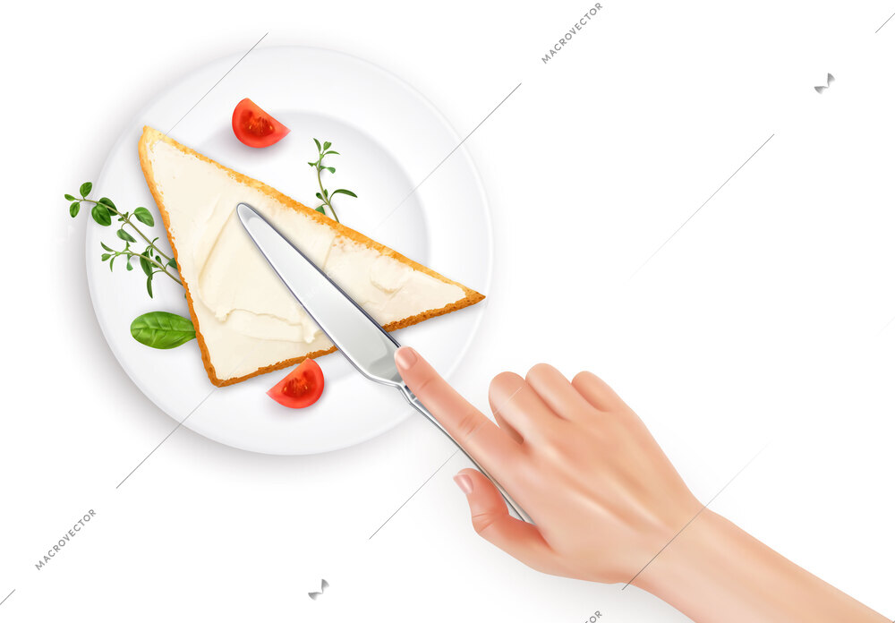 Toast with cottage cheese breakfast realistic composition with top view of dish with hand holding knife vector illustration