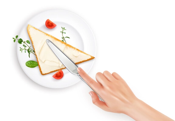 Toast with cottage cheese breakfast realistic composition with top view of dish with hand holding knife vector illustration