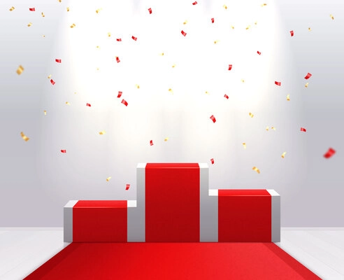 Winner podium realistic background with flying confetti red carpet and pedestals for first second third place vector illustration