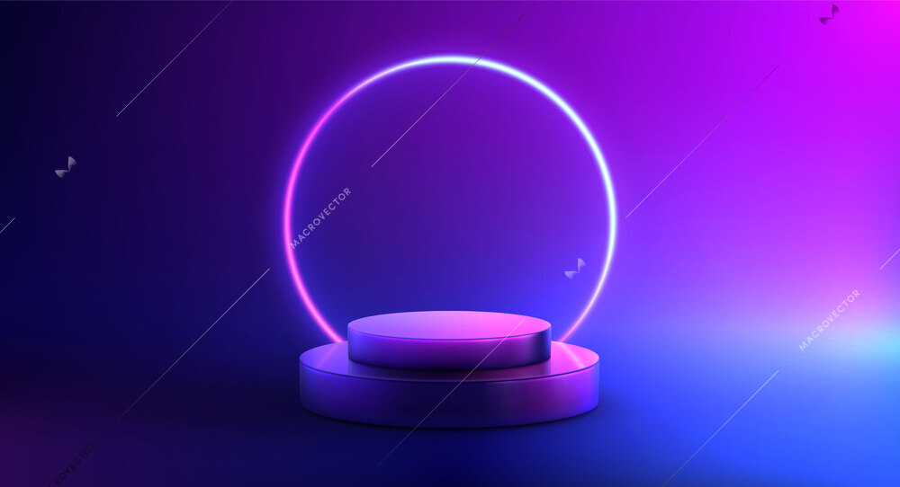 Glowing neon realistic podium composition with dark background circle backlight frame and pedestal with colorful reflections vector illustration