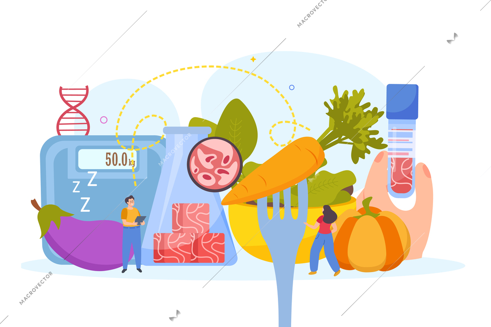 Artificial grown meat flat composition with cubes of plant based meat with vegetables scales and dna vector illustration