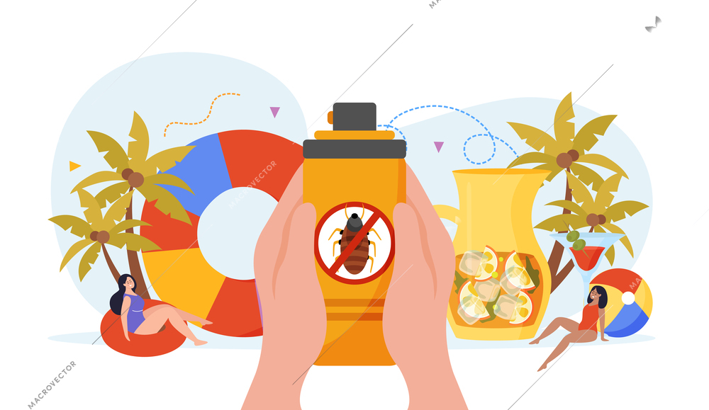 Repellents flat composition of human hands holding spray with inflatable ring cocktail palm trees and girls vector illustration