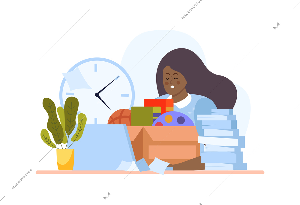 People with boxes flat composition with black woman sitting in front of open box with clock vector illustration