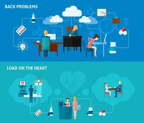 Sedentary horizontal banner set with back and heart problems elements isolated vector illustration