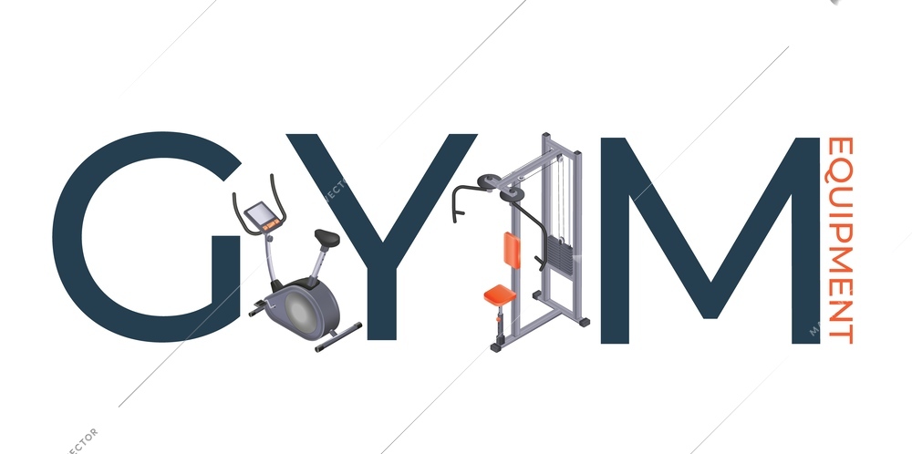 Gym equipment realistic text banner with exercise bike and butterfly machine vector illustration