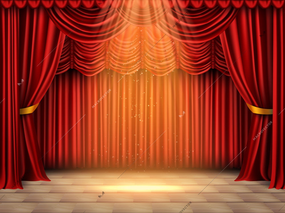 Realistic curtains stage composition with front view of theatrical stage with spot of light and backdrop vector illustration
