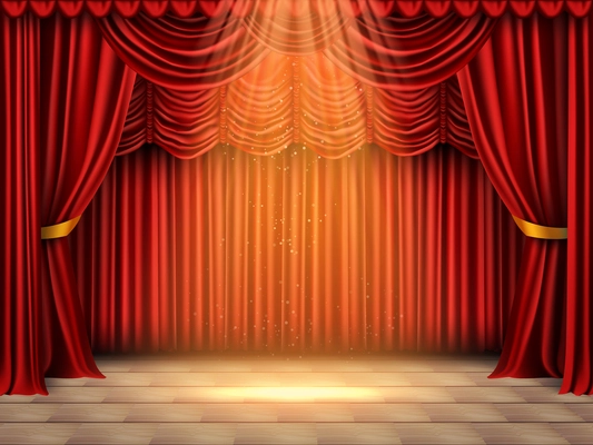 Realistic curtains stage composition with front view of theatrical stage with spot of light and backdrop vector illustration