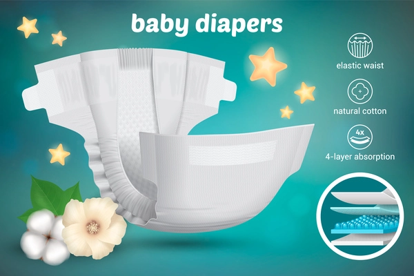 Natural cotton multilayer baby diapers advertisement poster realistic vector illustration