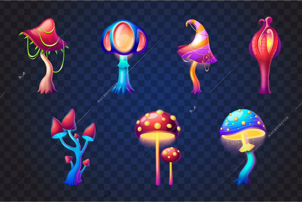 Collection of cartoon style magic fantasy mushrooms of different shape isolated on transparent background vector illustration