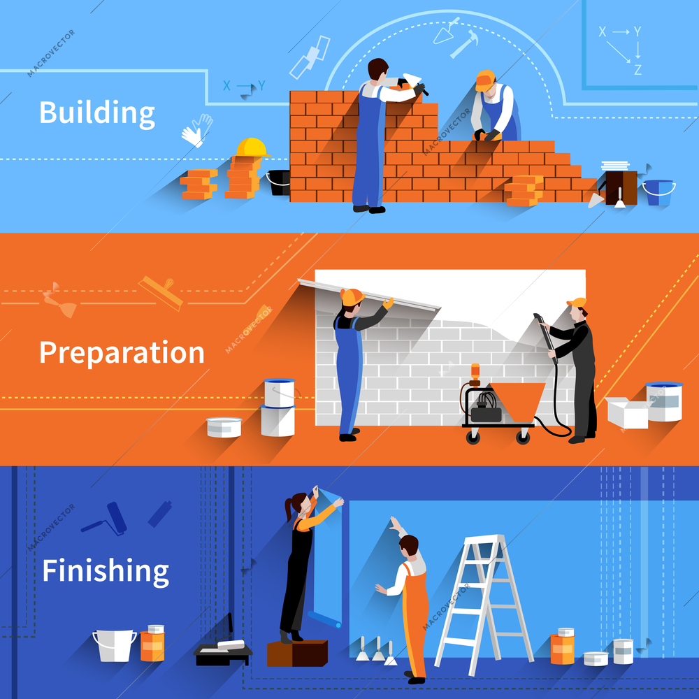 Worker horizontal banner set with building preparation and finishing work elements isolated vector illustration