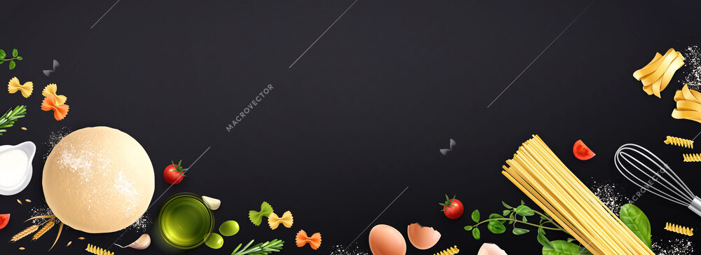 Italian food with pasta realistic composition of dark background and isolated icons of spaghetti and greens vector illustration