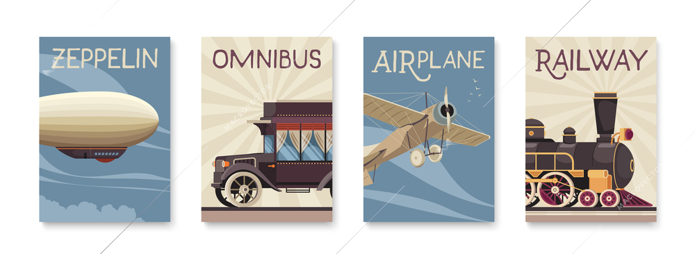 Vintage passenger carriage poster set with airplane and zeppelin realistic isolated vector illustration