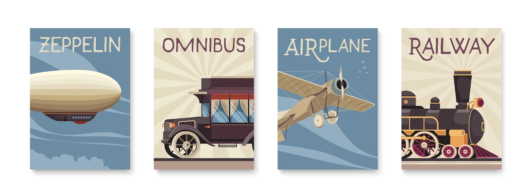 Vintage passenger carriage poster set with airplane and zeppelin realistic isolated vector illustration