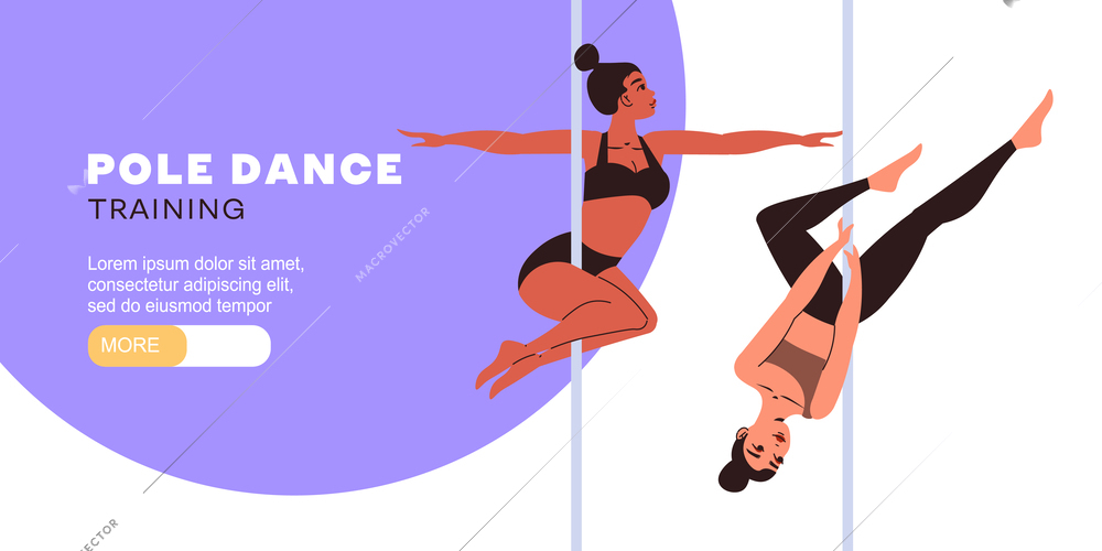Horizontal website banner in flat style with two slim women practising pole dance vector illustration