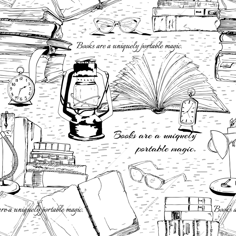 Black and white books reading seamless background pattern vector illustration