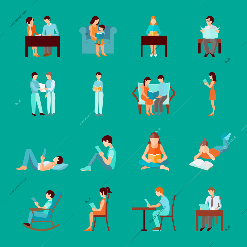 Reading people laying sitting and standing figures set isolated vector illustration