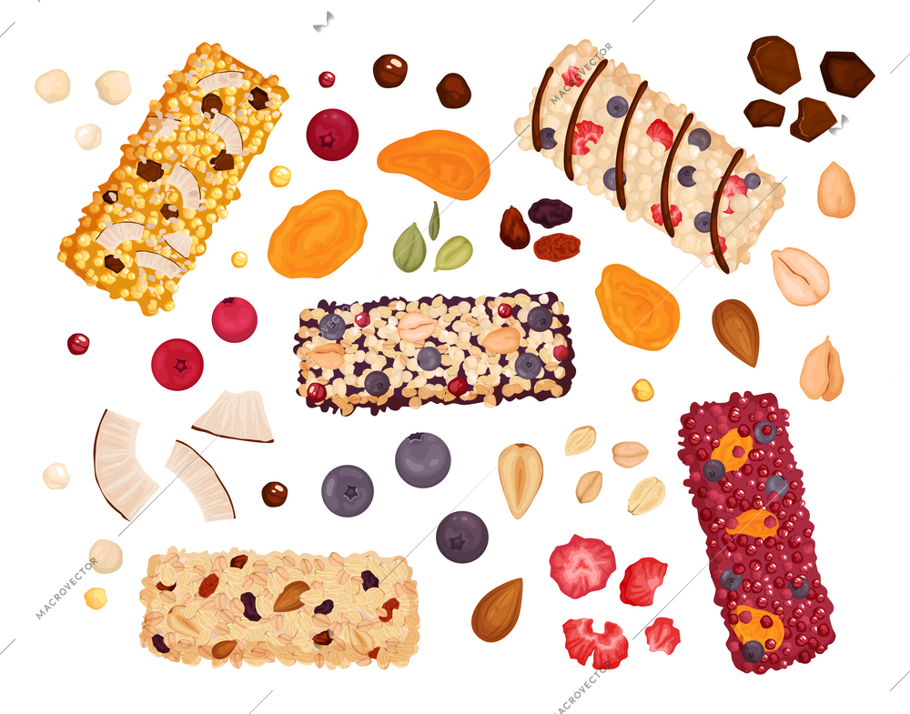 Healthy bar grain nuts set with isolated seeds berries and whole protein bars on blank background vector illustration