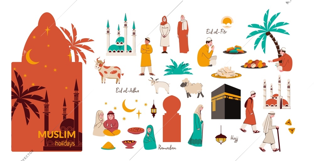 Muslim holidays set with flat isolated icons of tropical trees mosques traditional food and human characters vector illustration