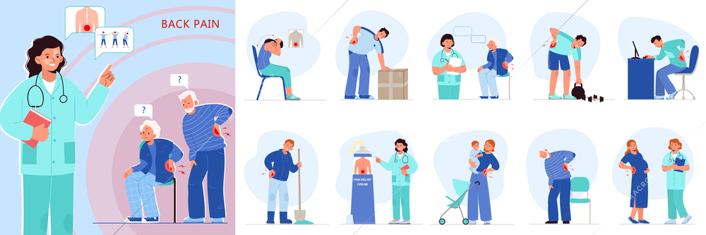 Back pain set with isolated compositions of flat icons human characters of patients doctors thought bubbles vector illustration