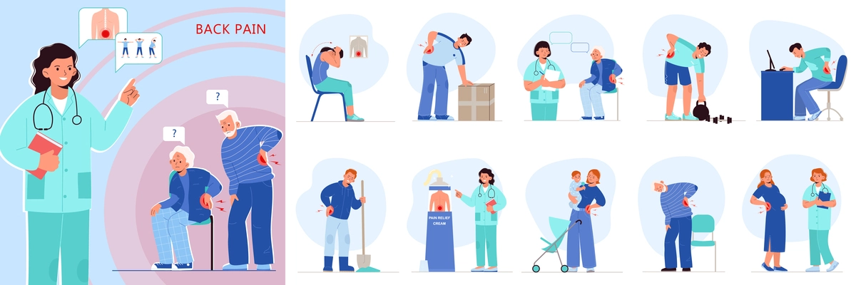 Back pain set with isolated compositions of flat icons human characters of patients doctors thought bubbles vector illustration