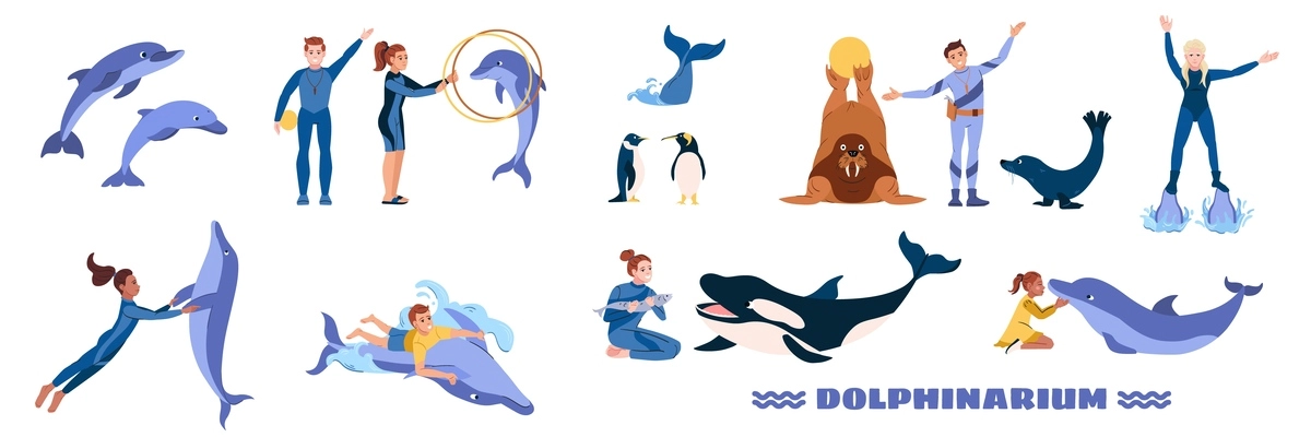 Dolphinarium flat set of handlers and animals during performance isolated on white background vector illustration