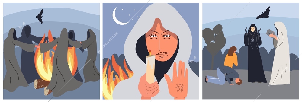 Sect cult set of three square compositions with outdoor views of cultists performing rituals near bonfire vector illustration