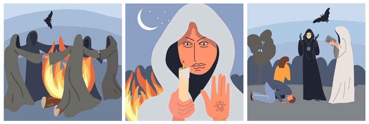 Sect cult set of three square compositions with outdoor views of cultists performing rituals near bonfire vector illustration