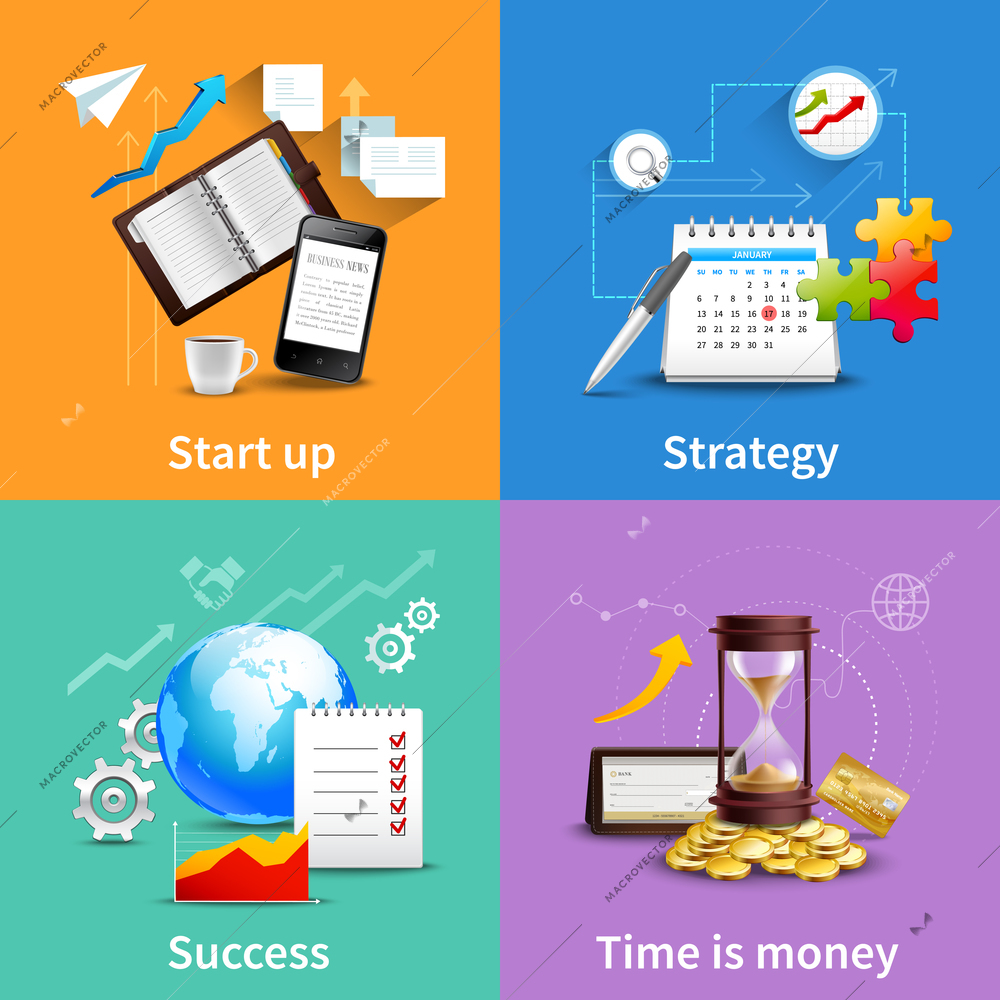 Business design concepts set with start up strategy success time is money realistic icons isolated vector illustration