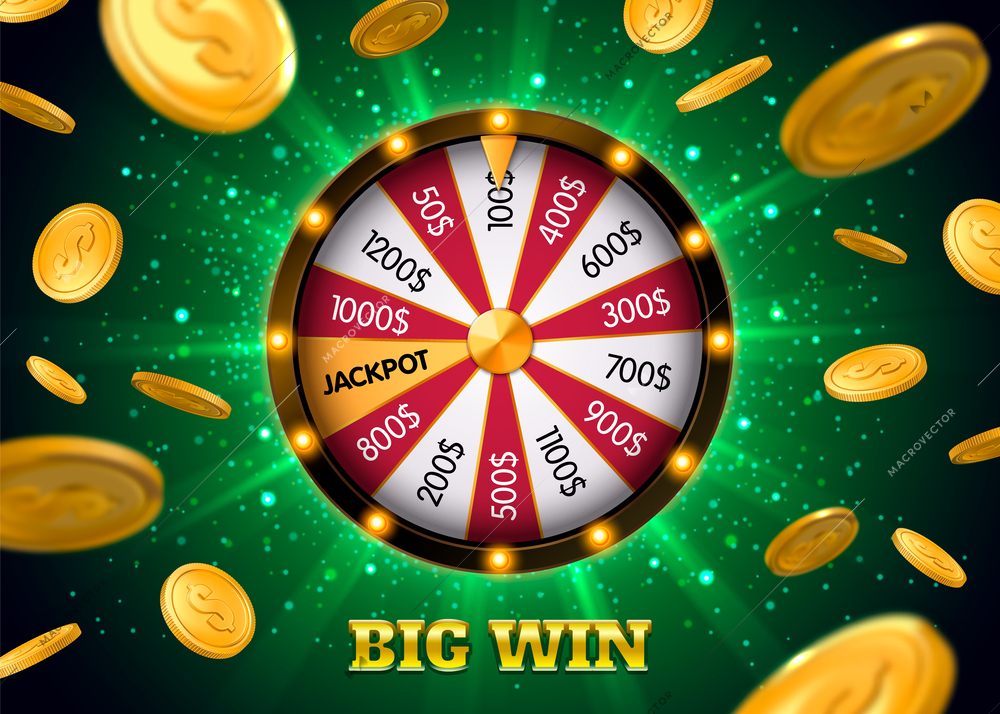 Big win jackpot bingo lottery realistic poster with roulette on green shiny background with falling coins vector illustration
