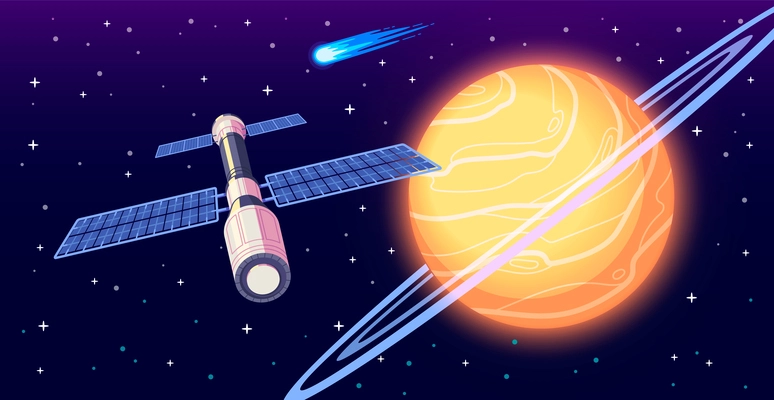 Space exploration cartoon poster with saturn and cosmic station vector illustration