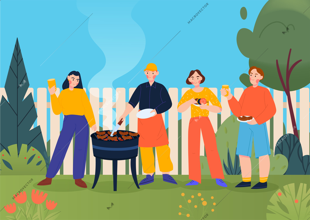 Barbecue party in country flat background with funny young people drinking and eating at nature vector illustration