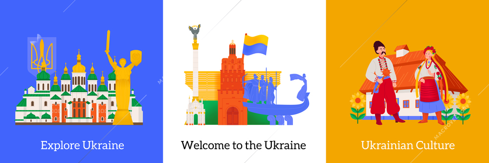 Ukraine design concept set of three flat square colored compositions inviting to visit  country vector illustration