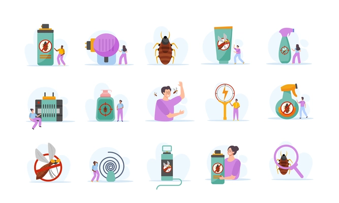 Repellents flat set of isolated icons on blank background with sprays gels insects and human characters vector illustration