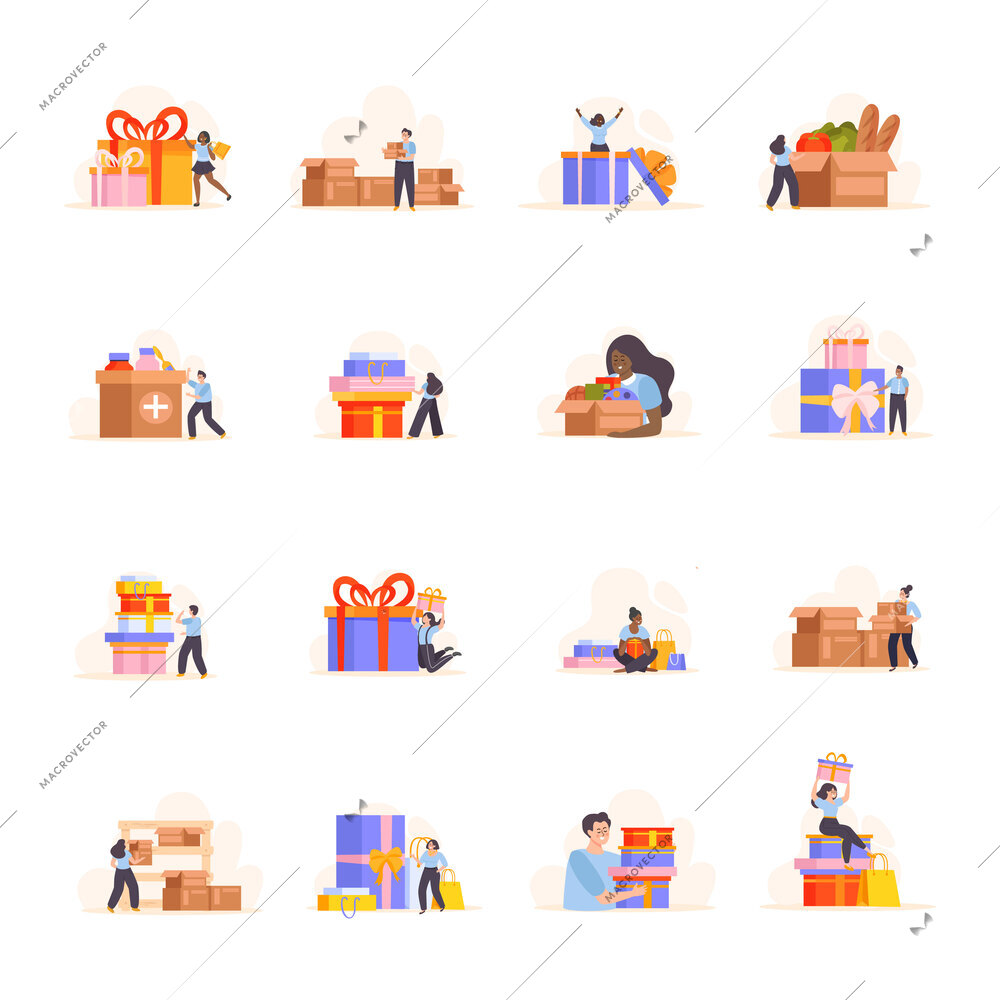 People with boxes set of flat isolated icons with doodle human characters and festive gift packages vector illustration