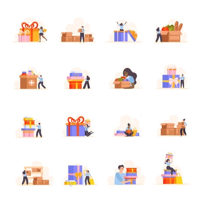 People with boxes set of flat isolated icons with doodle human characters and festive gift packages vector illustration